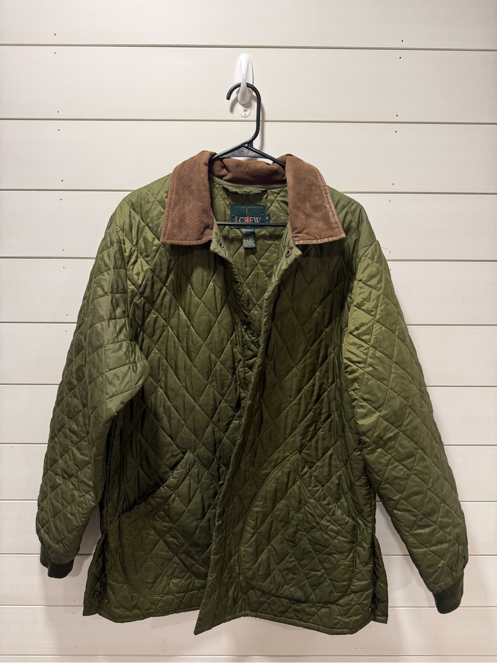 J. Crew Olive Quilted Field Jacket with Brown Corduroy Collar